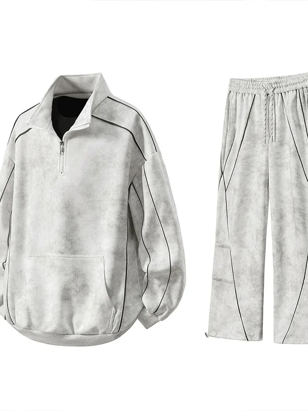 

Retro American Dyed Dir ey Casual Set Men's f Zipper Collar Sweatirt Sports Sweatpants Two-Piece Set Youth Cotton Lo...