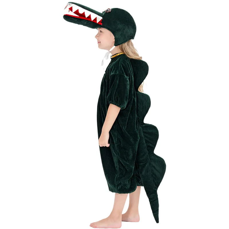 Green Crocodie Kids Jumpsuit With Hat Boy Girls Animal Bodysuit Cosplay Costume Halloween Dress Up Party Role Playing