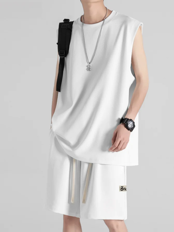 

Мужской спортивный костюм Genio Lamode: футболка с коротким рукавом из ледяного шелка, жилет с наплечными вставками, комплект для фитнеса и баскетбола, молодежная повседневная одежда