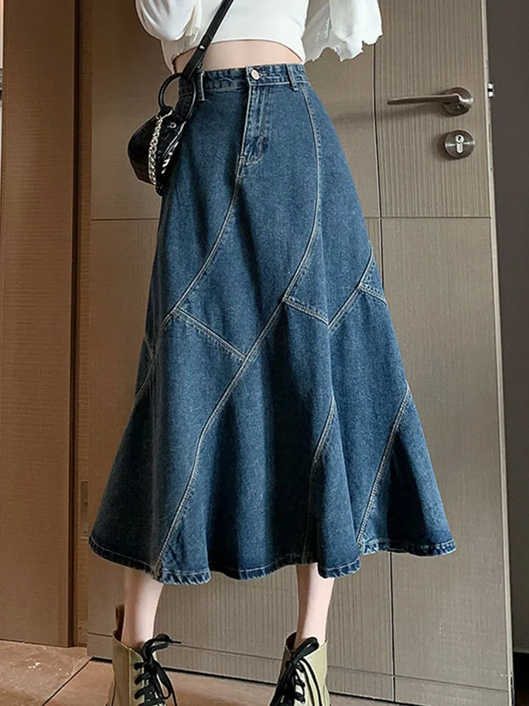 Blue Denim Skirt For Women Spring Fall Retro High Waisted Fishtail Skirts Solid Color Commuter Slim Fit Mid-Length Skirts