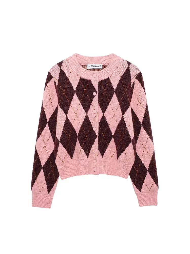 

New Fall Winter 2025 Women Geometric Print Knitwear Vintage Ladies Crew Neck Long Sleeve Single Breasted Cardigan