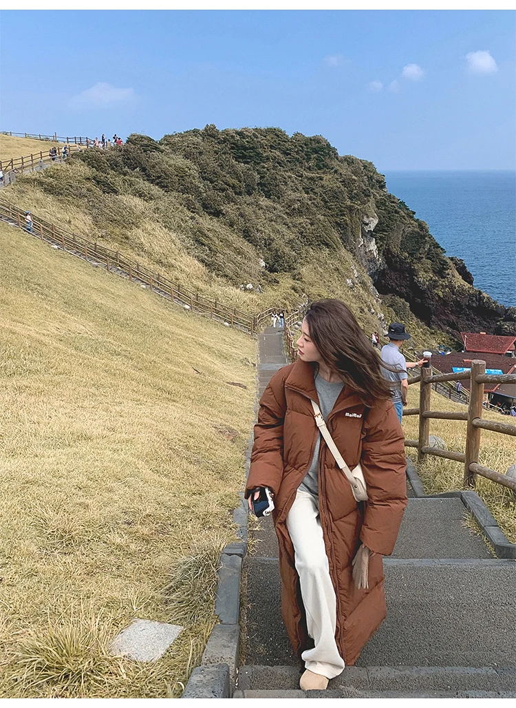 معطف منتفخ بني بطول الركبة للنساء شتوي كبير الحجم سميك بياقة واقفة سترة قطن كورية طويلة سترات خبز دافئة #5