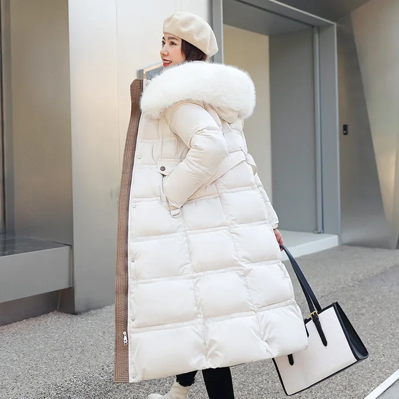 Long Parker Coat Jacket 2022 Women Autumn Winter Thick Warm Coats Woven Block Trend Hooded White Black Korean Coat Parkas