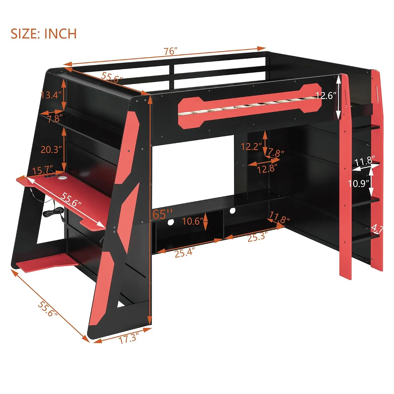 Wood Gaming Loft Bed with Desk, Storage, Charging, RGB Light & Guardrail, Space-Saving for Kids Teens Adults, Customized