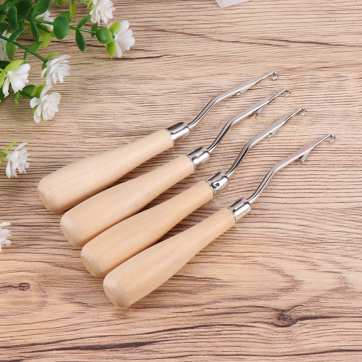 4 Pcs Crochet Hooks Tool Knitting Needles Carpet Punch Household Handmade Weaving Wooden Bamboo