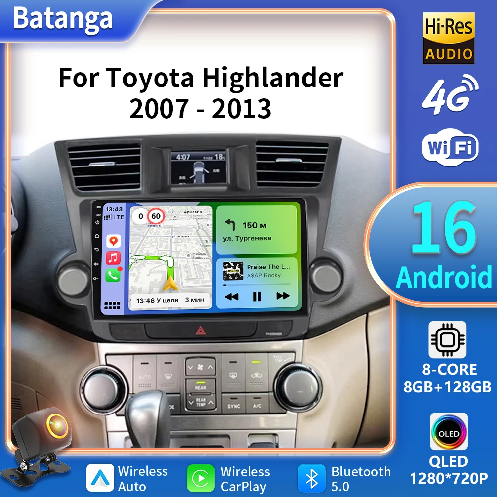 Radio Android 16 de 2 Din para Toyota Highlander Kluger 2007-2014 reproductor de vídeo Multimedia de 10 pulgadas navegación GPS con 5G Carplay