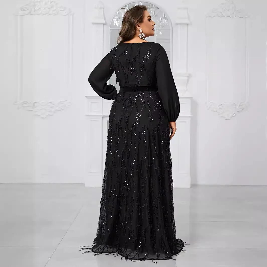 Vestido de noche Formal elegante, corte en A, manga larga, gasa, lentejuelas, cuello joya, tren de barrido, vestido de invitados de boda, personalizado gratis 2025