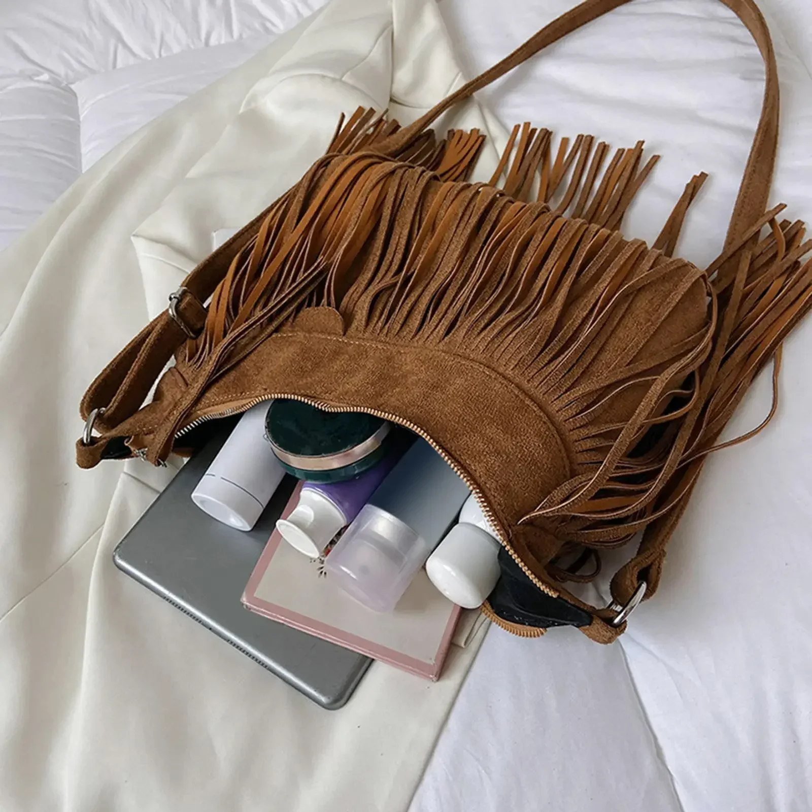 New Large Retro Fringed Handbag Totes Bag  PU Messenger Bag Zipper Soft Ethnic Style Women’s Fringed Leather Shoulder Bag