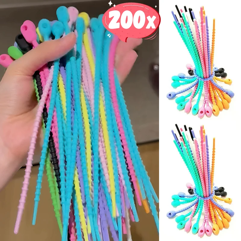 10/200pcs DIY Silicone Reusable Bag Ties Keychain Twist Wire Fasten Cable Zip Tie Headset Data Line Wire Universal Tie Rings