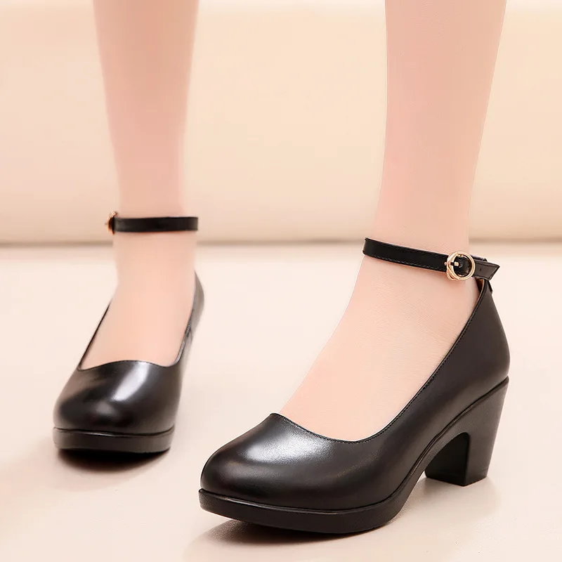 

6cm Small Size 33-43 Elegant Med Block Heels Genuine Leather Shoes Women Pumps 2024 Shallow Fall Platform Shoes for Ofifce Mom