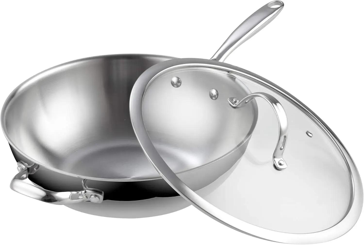

12-Inch Stainless Steel Multi-Ply Clad Stir Fry Pan with Glass Lid, Induction Compatible Cookware, Silver