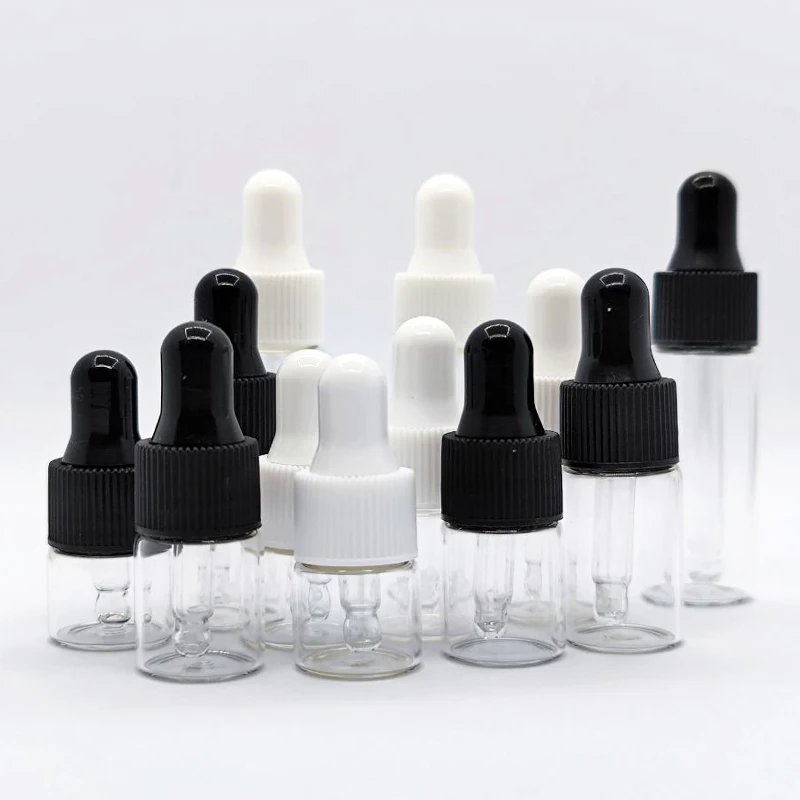 50pcs Mini Glass Dropper Bottles 1ml 2ml 3ml 5ml White Cap Refillable Empty Essential Oil Bottles for Massage Pipette Bottles