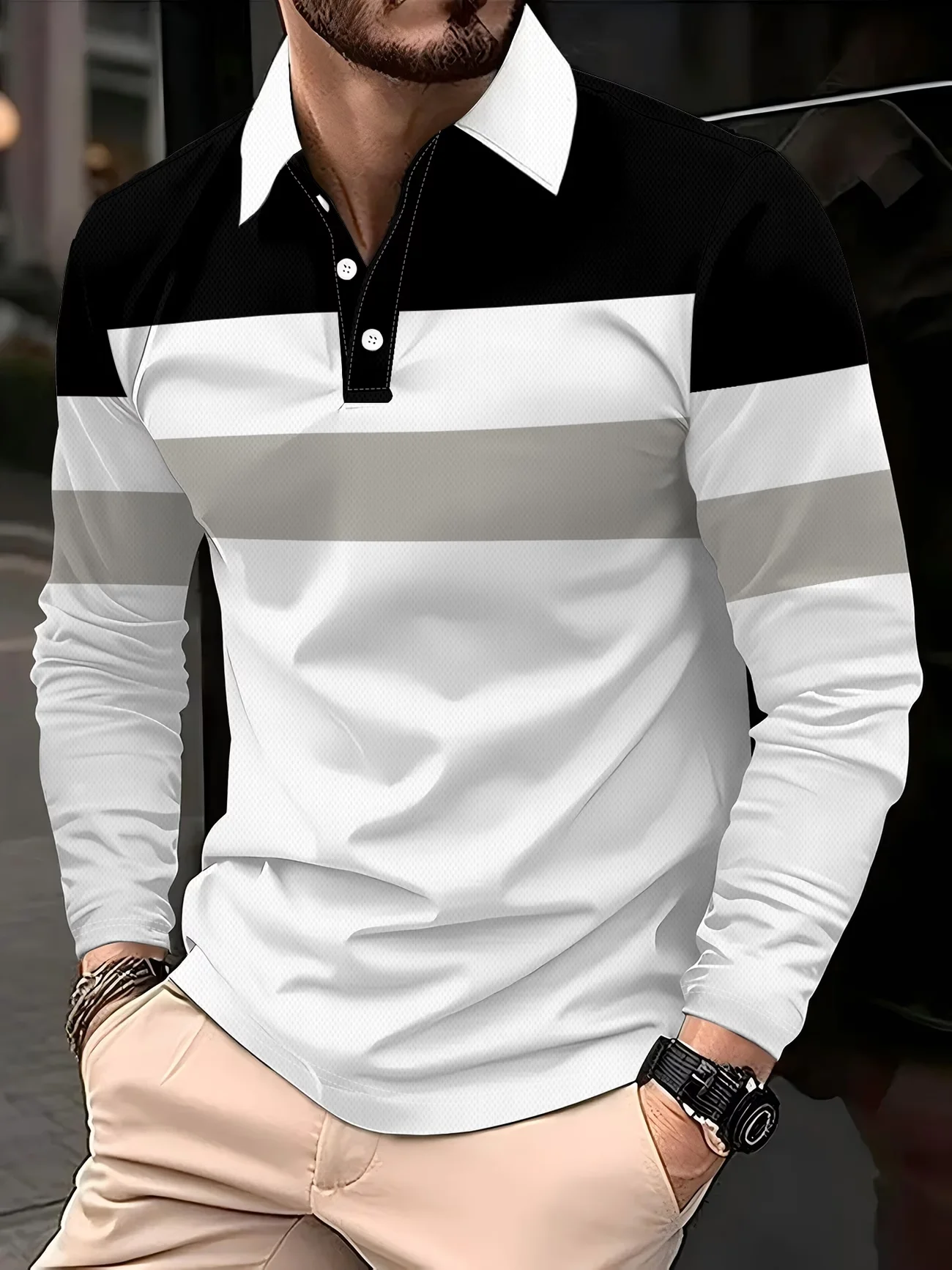 Summer men's fashionable trend long sleeved shirt, fashionable printed flip tie button casual and comfortable men's long sleeved