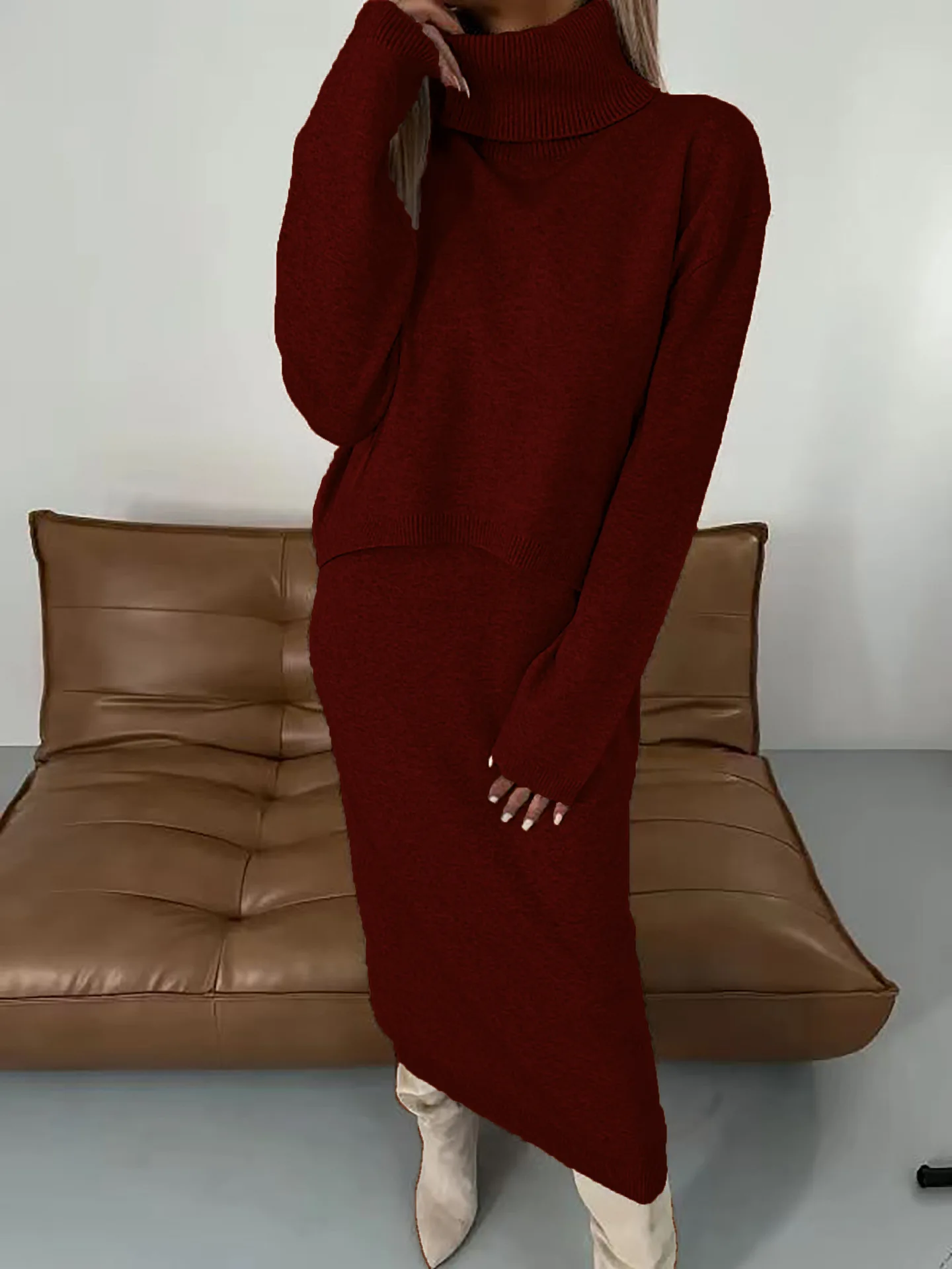 New Sweater Dress High Neck Long Dress Two-piece Set Solid Color Knitted Dress