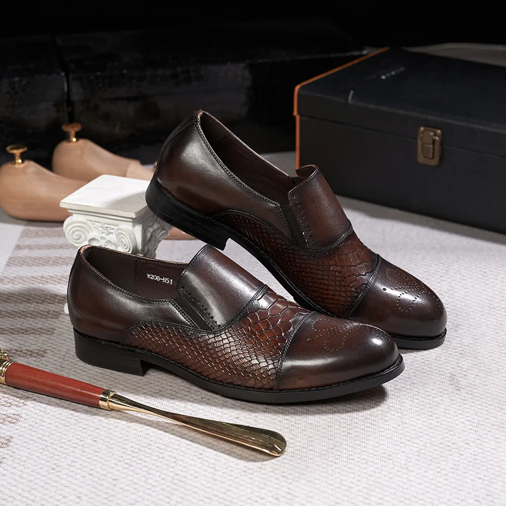 

New Trendy Business Dress Leather Shoes Men British Korean Versions Snake Skin Pattern Embossed Loafers The Top Layer The Shoes