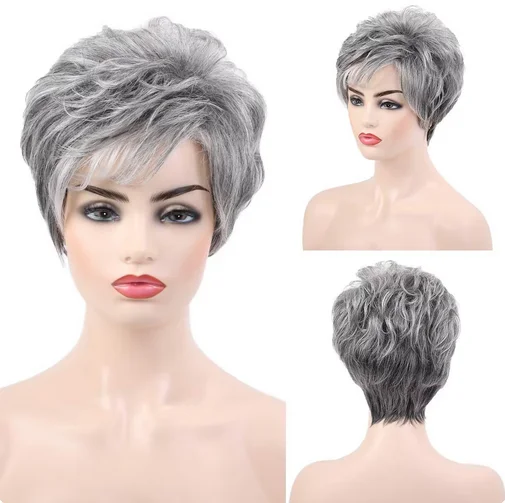 Granny Grey Short Hair Synthetic Fiber Women's Wig Elf Short Hair Bangs Natural Daily Use Of Heat-Resistant Headgear