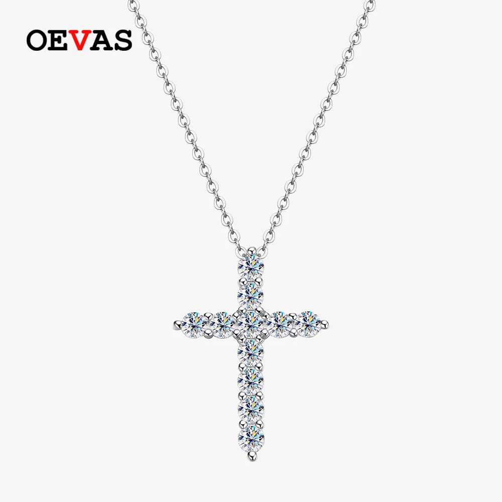 OEVAS Real 3mm moissanite 100% 925 Sterling Silver Sparkling Cross Pendnat Necklaces For Women Party Fine Jewelry Gift