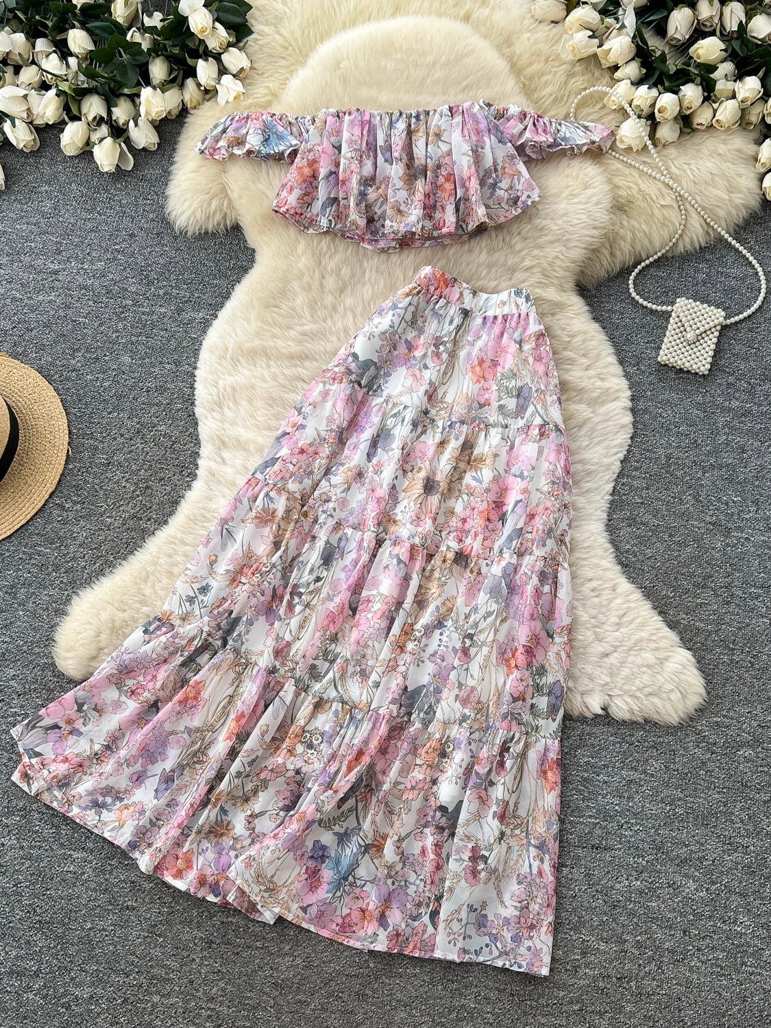 Floral Lace Half-Skirt Cake Hem Short Shoulder One-Piece Women's Autumn Fashion Set High Waist Breathable Polyester Fiber