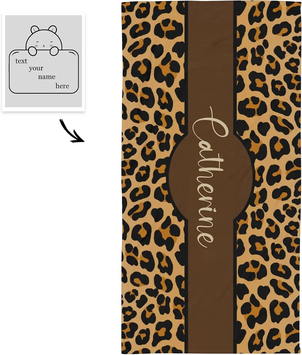Personalized Text Beach Towel with Name Leopard Print Bath Towels for Women Men Kids,32x52 Inch,2 Sides Printed