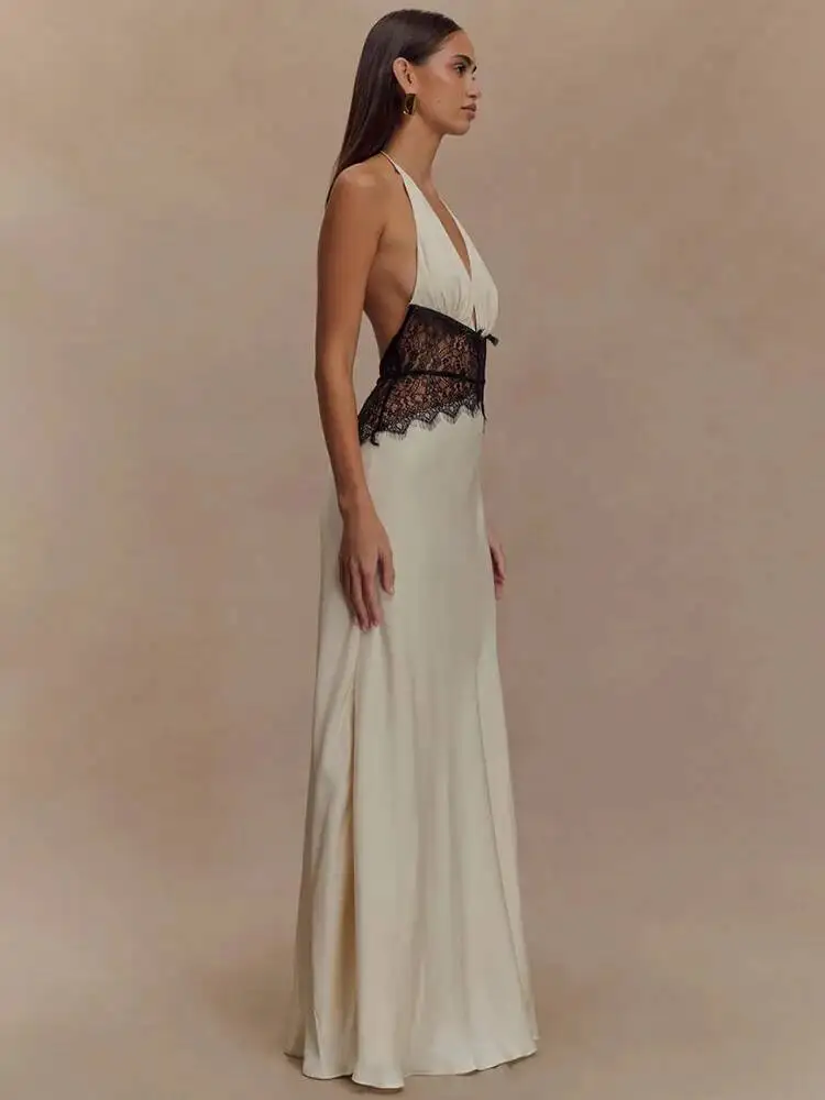 Mozision الصيف عارية الذراعين مثير ماكسي المرأة ثوب المرقعة الدانتيل الرسن العميق الخامس الرقبة أكمام عالية الخصر فستان طويل أنيق