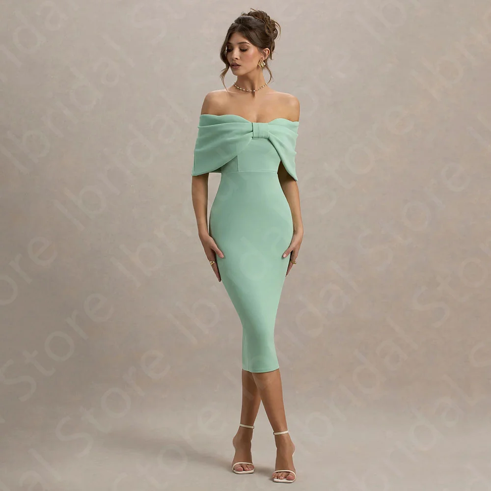 

Customized New Arrival Prom Gowns Short Prom Party Dresses Off Shoulder Sleeves Wedding Guest Gowns 2025 Tea Length Open Back