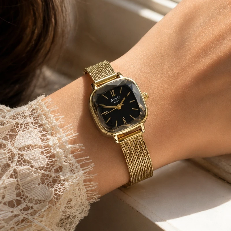 Elegant Gold Mesh Band Women's Watch Fashion Faceted Crystal Ladies Quartz Watch Simple Square Woman Watches Reloj Para Mujer