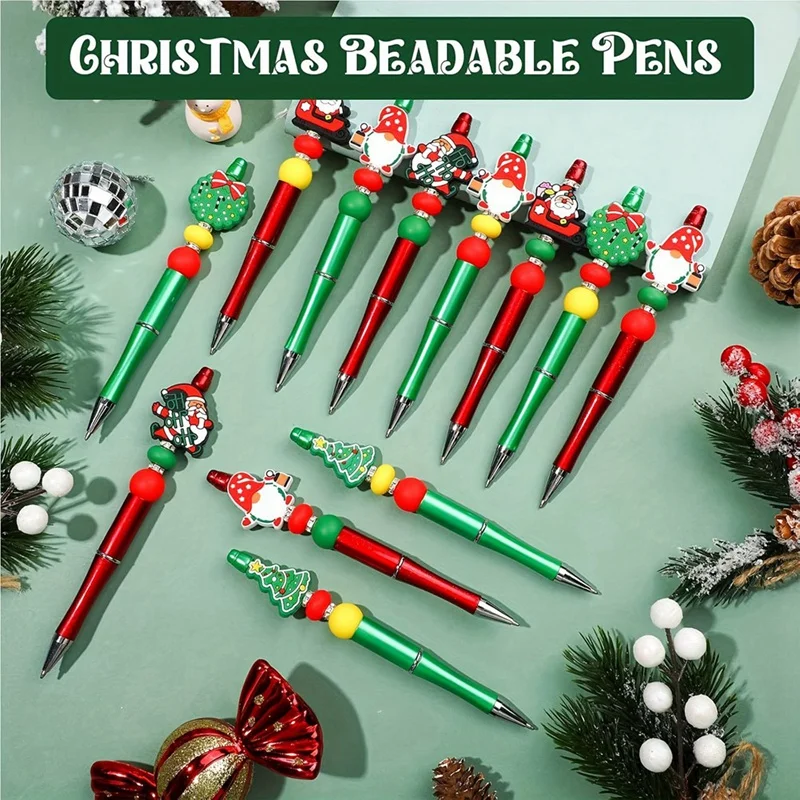 Bolígrafos navideños con cuentas, bolígrafos con cuentas con 12 espaciadores de silicona con forma de Papá Noel para suministros escolares y de oficina de Navidad