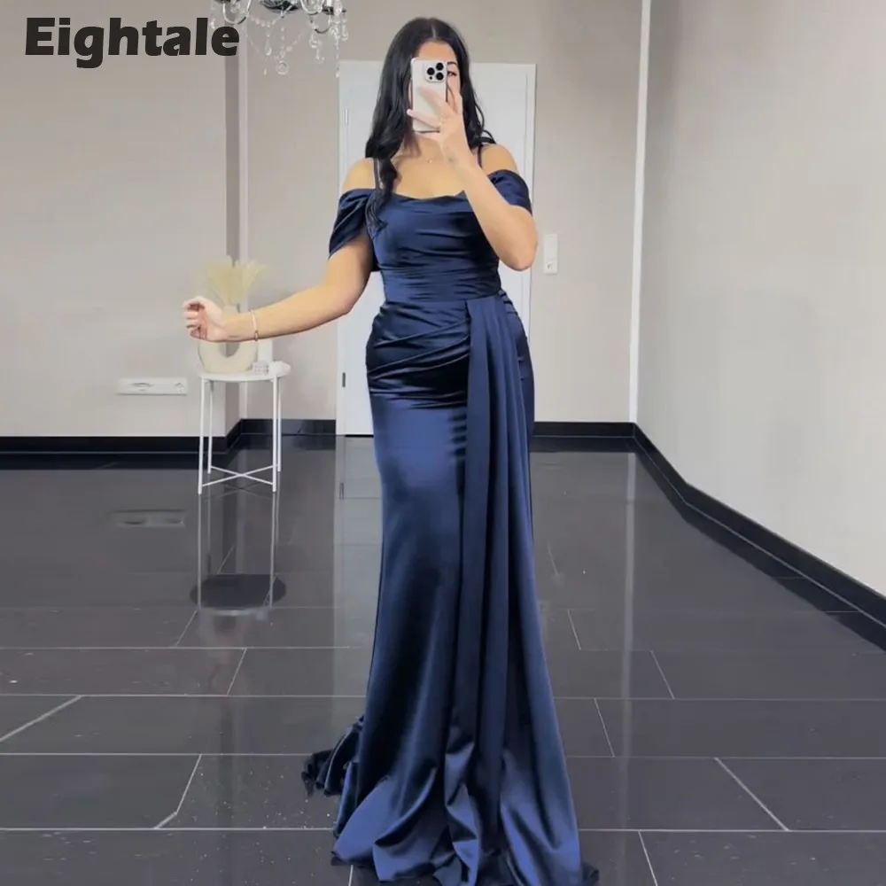 

Eightale Arabic Evening Dress Satin Navy Blue Mermaid Prom Gowns Celebrity Wedding Party Dress Vestidos De Noch