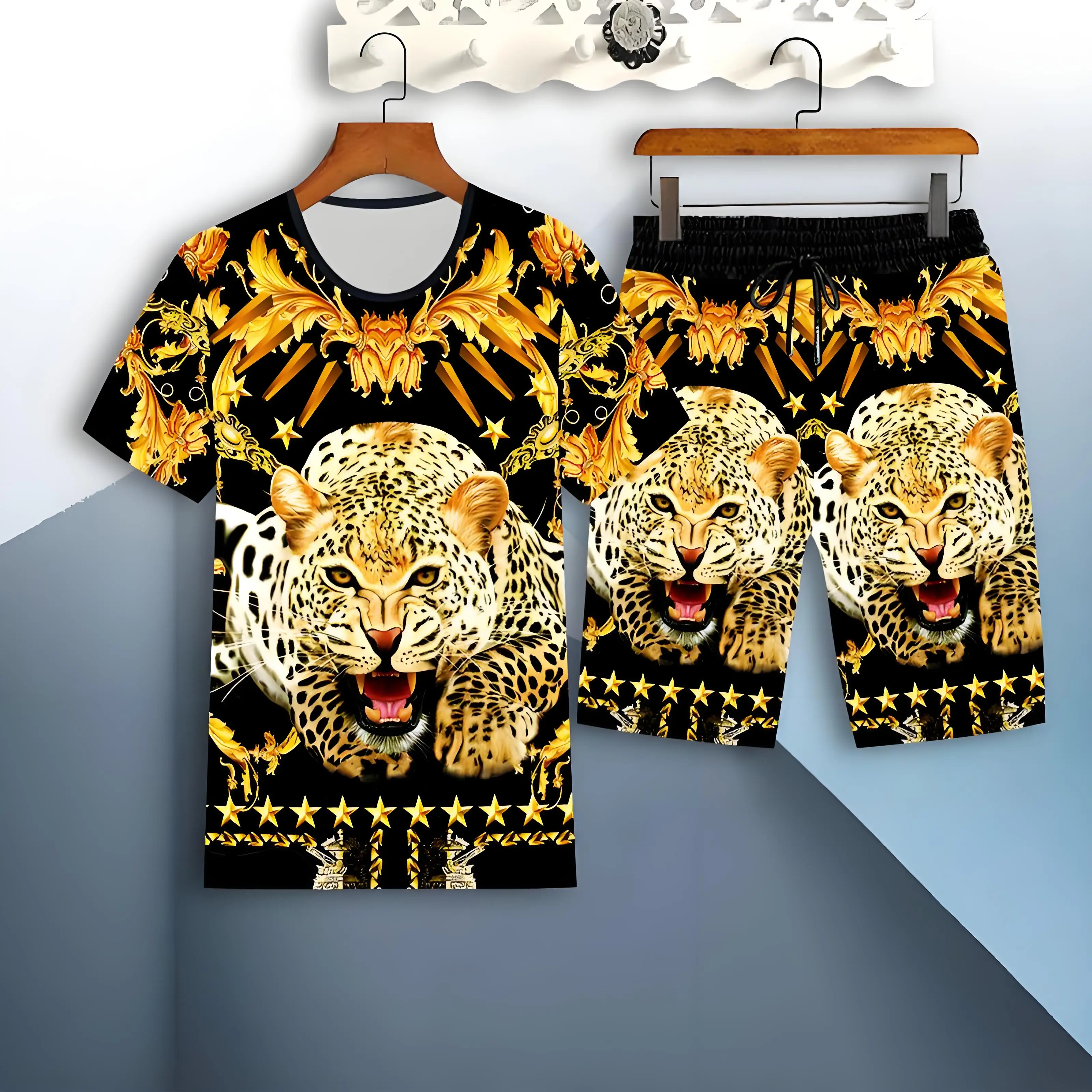 

Golden Leopard 3D Print Short Sleeve Top Elastic Waist Shorts 2-piece Set 2025 Plus Size Men's T-shirts Clothing Pocket Shorts
