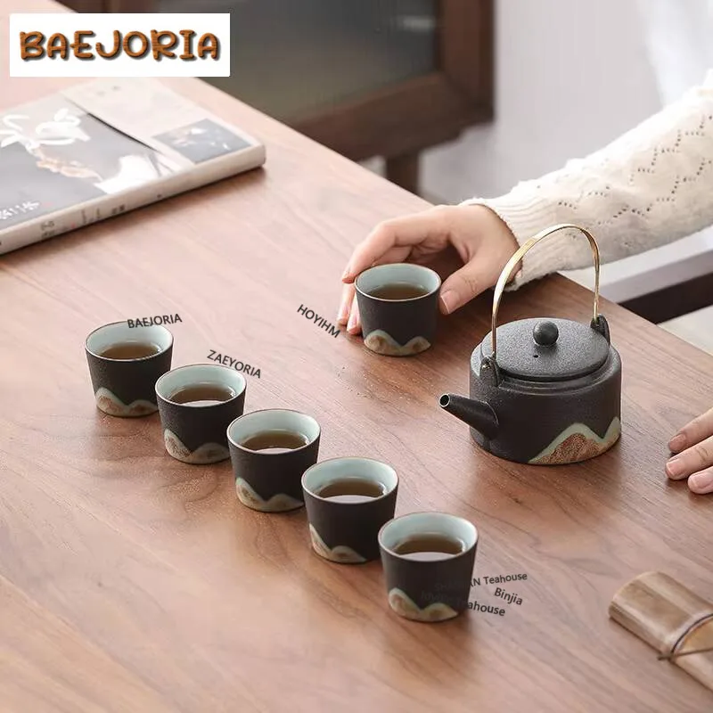 Japanese Hand-painted Mountain Pottery Tea Set Complete Set Ancient Tea Ceremony Set Teapot and Tea Cup Set Chinese Tea Set Gift