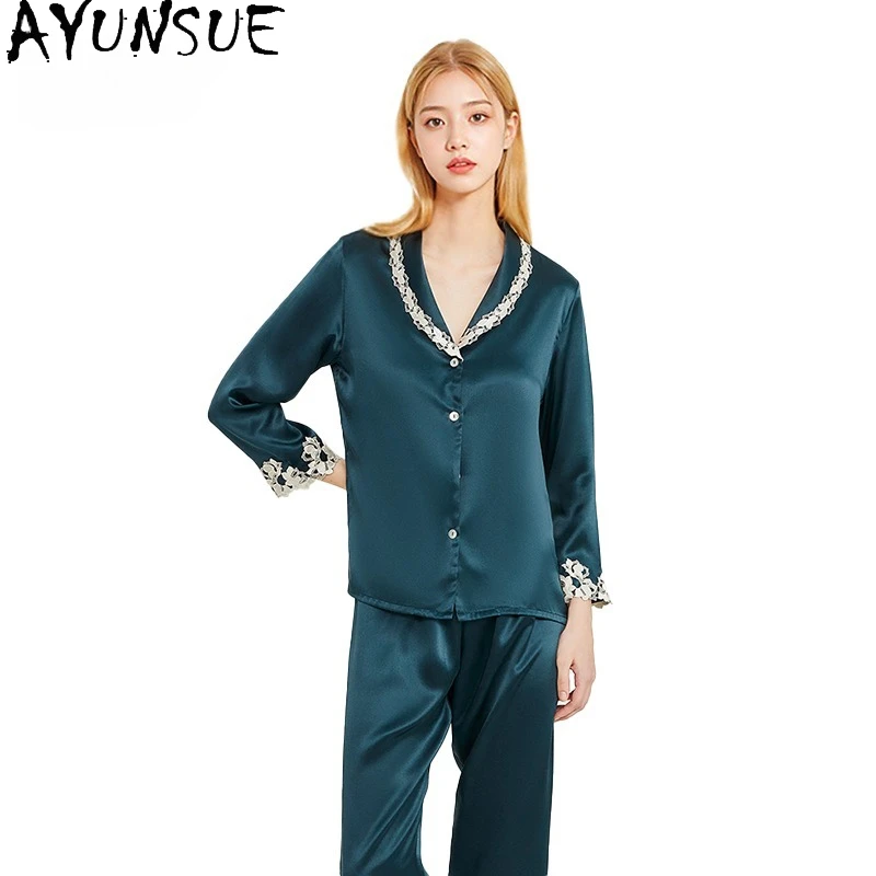 AYUNSUE 19Mm 100% Mulberry Silk Pajama Sets Sleepwear Women 2026 Spring Women's Home Clothes Long Sleeve Top Casual Pants Sets