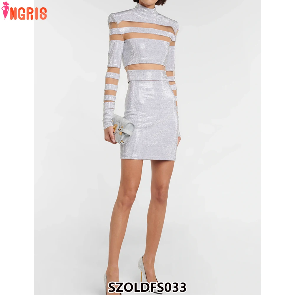 

2025 designer fashion women's long sleeve gauze patchwork rhinestone diamond beaded top mini skirt suit-SZOLDFS033