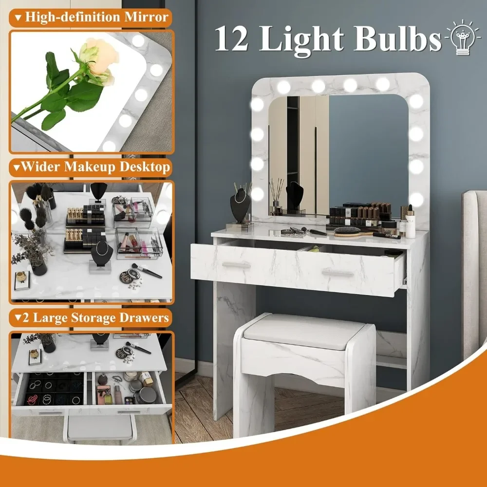 Makeup Vanity Makeup Dressing Table With Mirror Lights and Table Set White 2 Drawers Vanity Set With 12 Light Bulbs Freight free