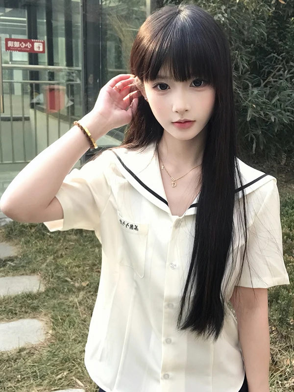 

Original Design White Short Sleeve Sailor Collar Shirt Basic Style Versatile Top Uniform Academy Wind Women's Fashion Summer ...