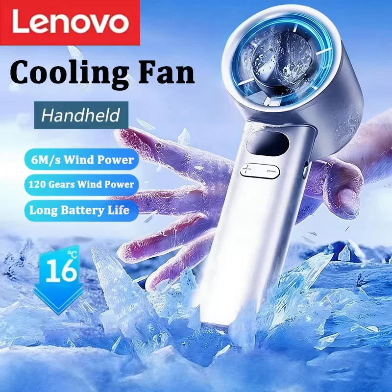 Lenovo Tragbarer Handventilator mit LED-Digitalanzeige, 3000 mAh, elektrischer Handventilator, Eiskompresse, Hochgeschwindigkeitskühlung, Neu