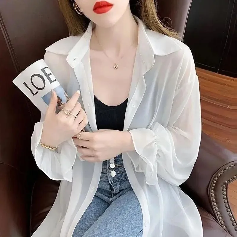 Wiosna Lato Nowa Luźna Długa Bluzka Chroniąca Przed Słońcem Damska Cienka Bluzka Szyfonowa Żółty Rozpinany Kardigan Modna Odzież Wierzchnia