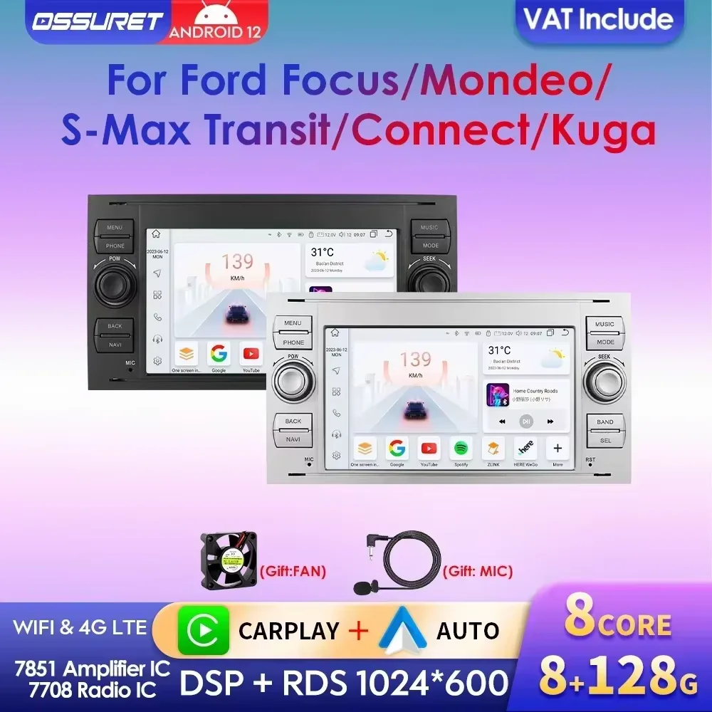 2din Carplay Android Car Radio Multimedia Player for Ford Mondeo Fiesta S-max Focus Galaxy Transit Fusion Connect Kuga GPS NOCAN