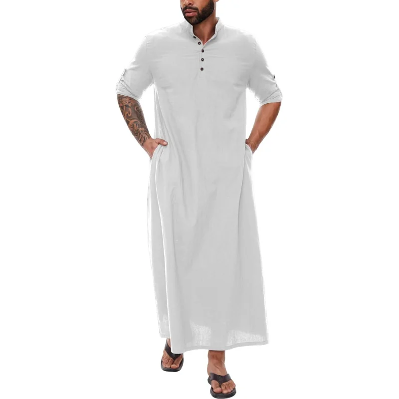 Mens Button Down Islamic Kaftan Thobe Robe