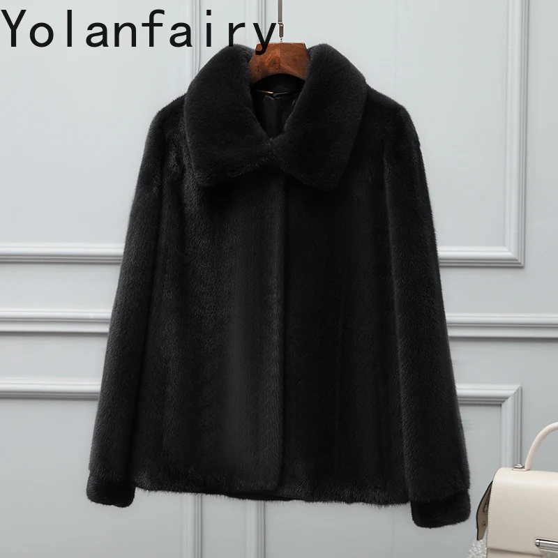 YOLANFAIRY Krótki Naturalny Płaszcz z Prawdziwego Futra Norki Damski Zimowy z Klapami Płaszcze z Prawdziwego Futra Damskie Kurtki z Futra Norki Odzież Wierzchnia Fourrure Manteau