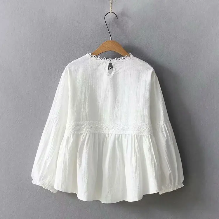 New Autumn Cotton White Shirts Women Solid Tops Girl Single Breasted Lace Ruched Collar Casual Cute Doll Blouses Spring T39126QM