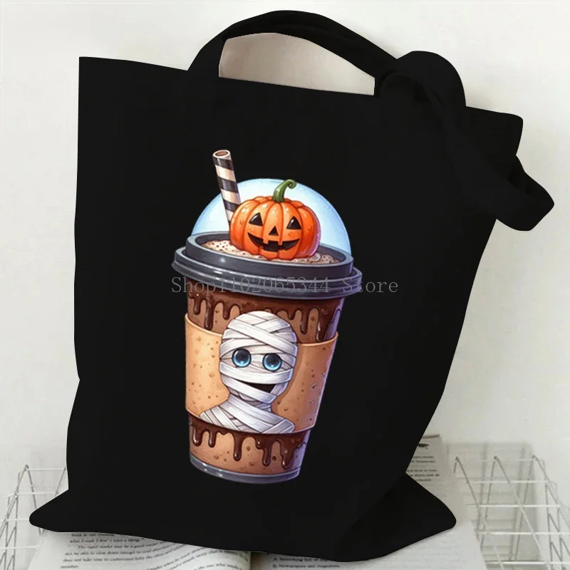 Halloween Tote Bag Pumpkin Skull Bat Bobo Tea Print Women Men Shoulder Bag Gothic Style Festival Teen Gift Women Fashion Handbag