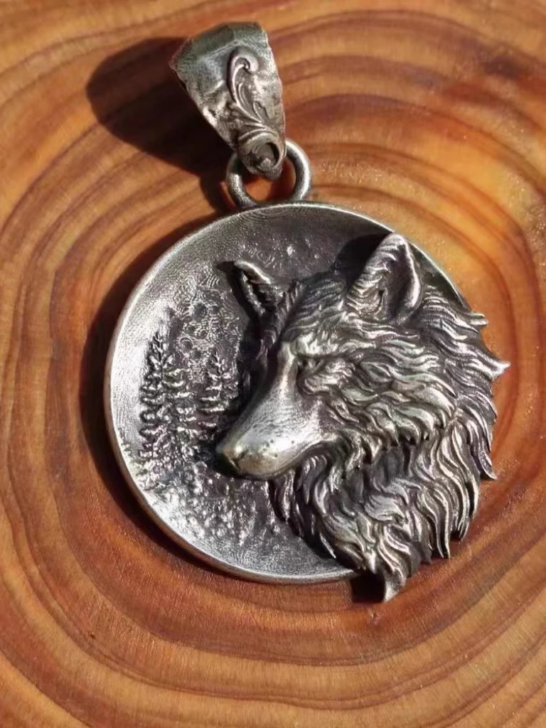 S925 Sterling Silver Genuine Retro New Men's and Women's Universal Silver Animal Pendant Wolf Totem