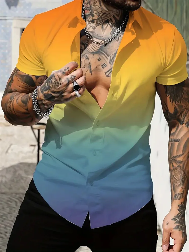 

Solid Gradient 3D Printed Shirt Men's Fashion Hawaii Shirt Short Sleeve Beach Shirt Handsome Single Breasted Tops Men's Clothing