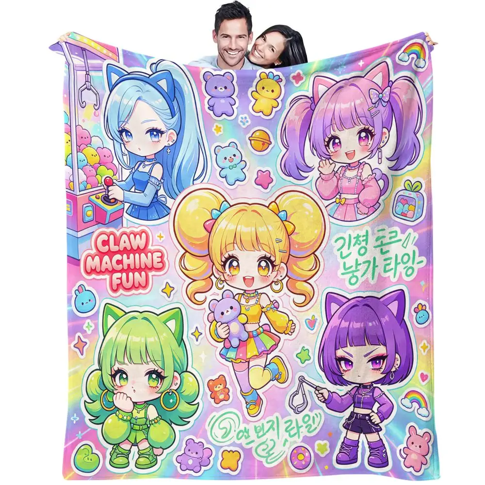 Pink Braids Harajuku Beanie Girl Digital Print Blanket Flannel Blanket Throw Blanket Warm Gift Blanket Kawaii Bedroom Decor