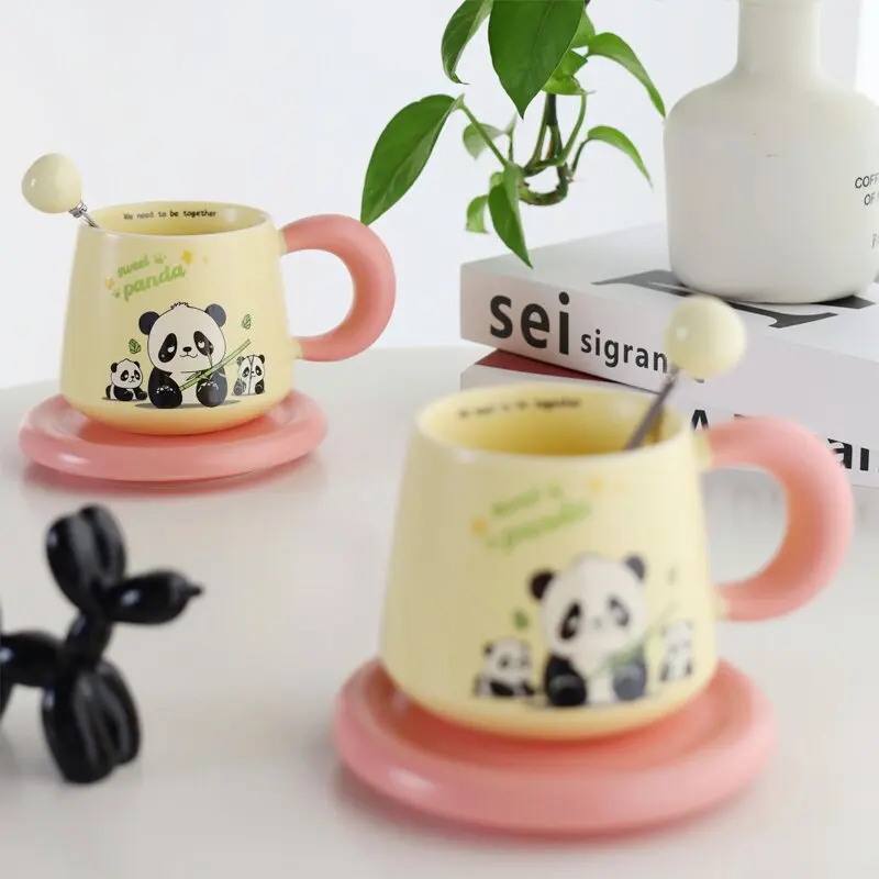 Caneca Cerâmica com Tampa do Panda, Xícara de café com colher, Sala de estar bebendo, Caixa de presente, Decoração do lar, Copo isolante, Presentes criativos