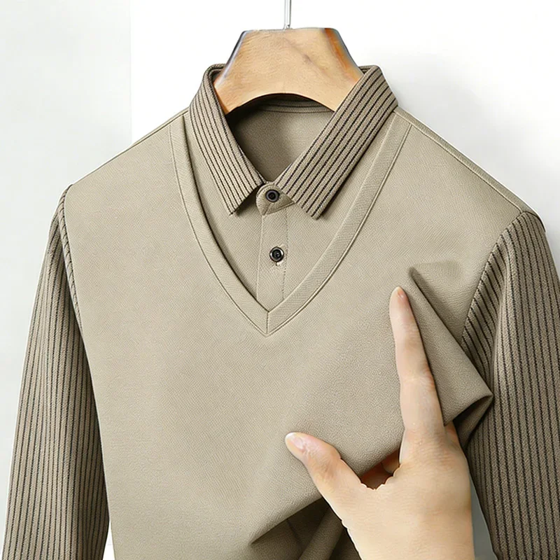 Chemise à col en V à manches longues pour homme, effet deux pièces, rayée kaki, décontractée, tendance, tissu doux, à porter au quotidien