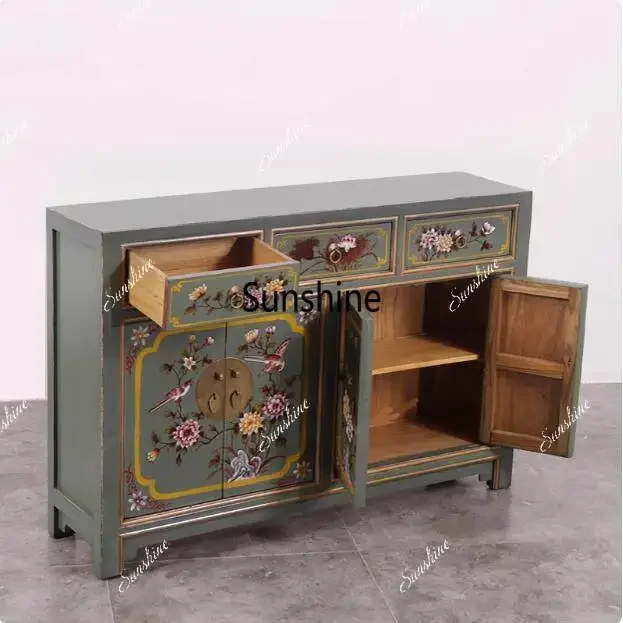 New Chinese-style painted furniture Solid wood antique hand-painted old entrance foyer cabinet