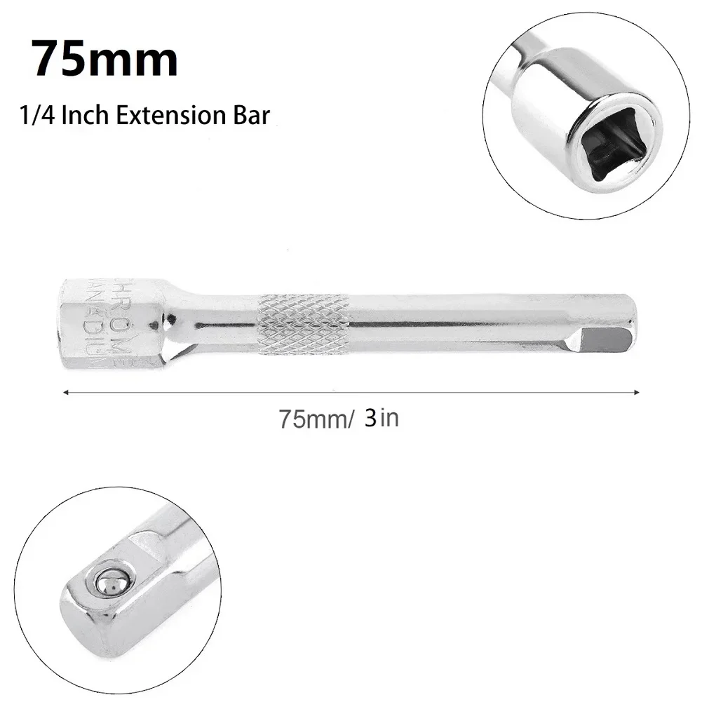 1/4 Inch Chromed Steel Extension Bar Socket Wrench Adapter 50/75/100mm Drive Ratchet Socket Wrench Power Drill Adapter