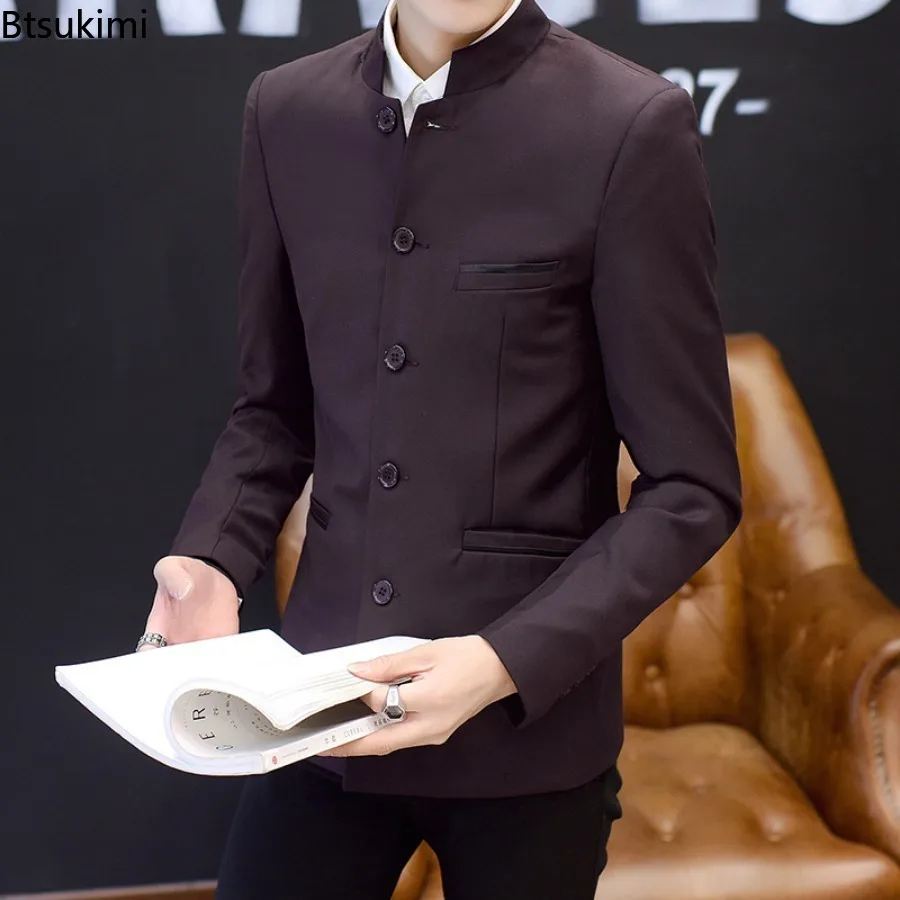 2025 Chinese Style Stand Collar Zhongshan Suit Men's Long Sleeve Slim Fashion Blazers Vintage Classic Traditional Men Clothing