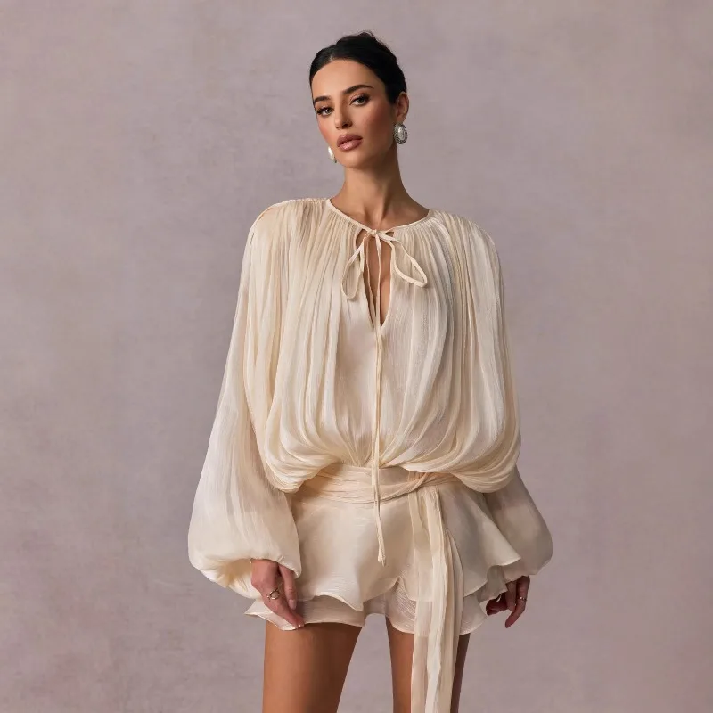 بلوزة صلبة فساتين صغيرة للنساء رقبة على شكل V وأكمام طويلة وأربطة فستان بنمط جميل ملابس نسائية عصرية #3